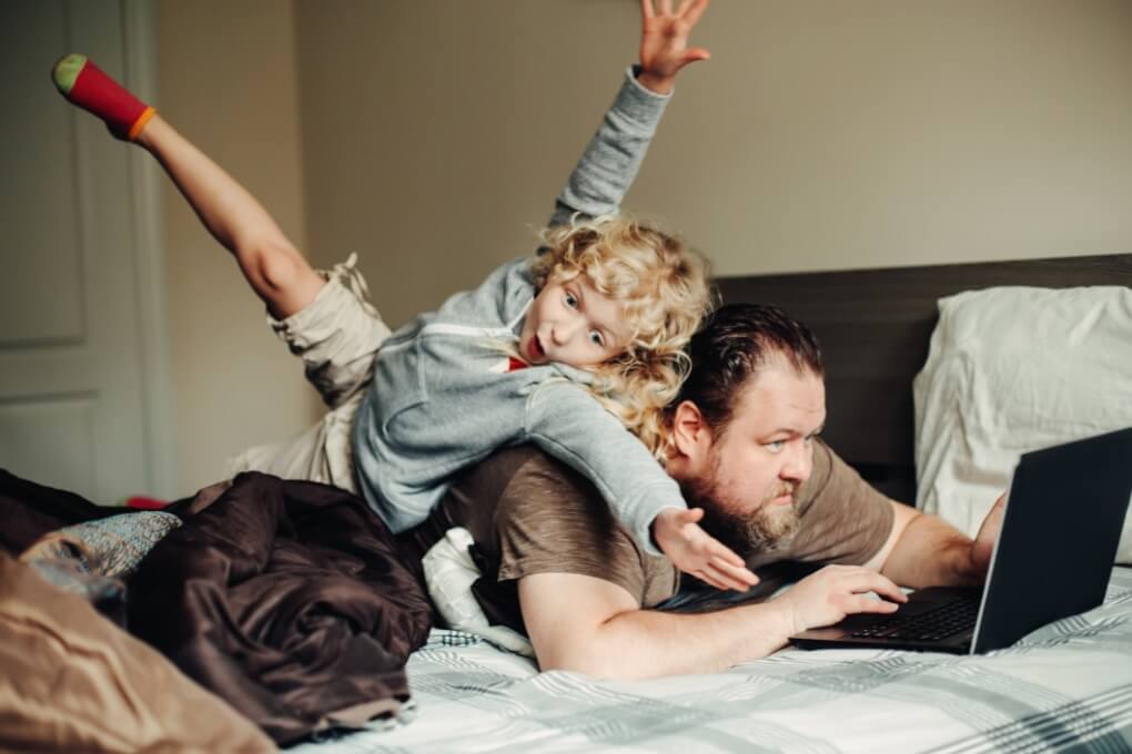 work from home new normal home home office lifestyle work life balance father child family together staying sane with children and helping them feelings