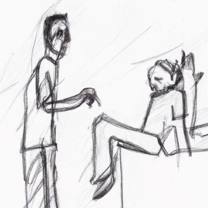 Drawing Illustration of a Young Man Struggling with Drug Addiction Asking about Rehab