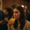 Woman at a party holding a drink, reflecting on the effects of alcohol on her mental health.