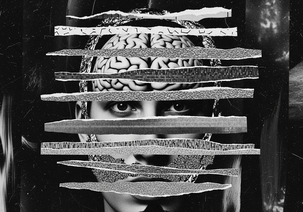 Abstract paper collage illustration depicting the complexity of dual diagnosis and co-occurring mental health disorders.