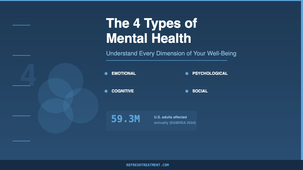 Infographic showing the 4 types of mental health: emotional, psychological, cognitive, and social well-being