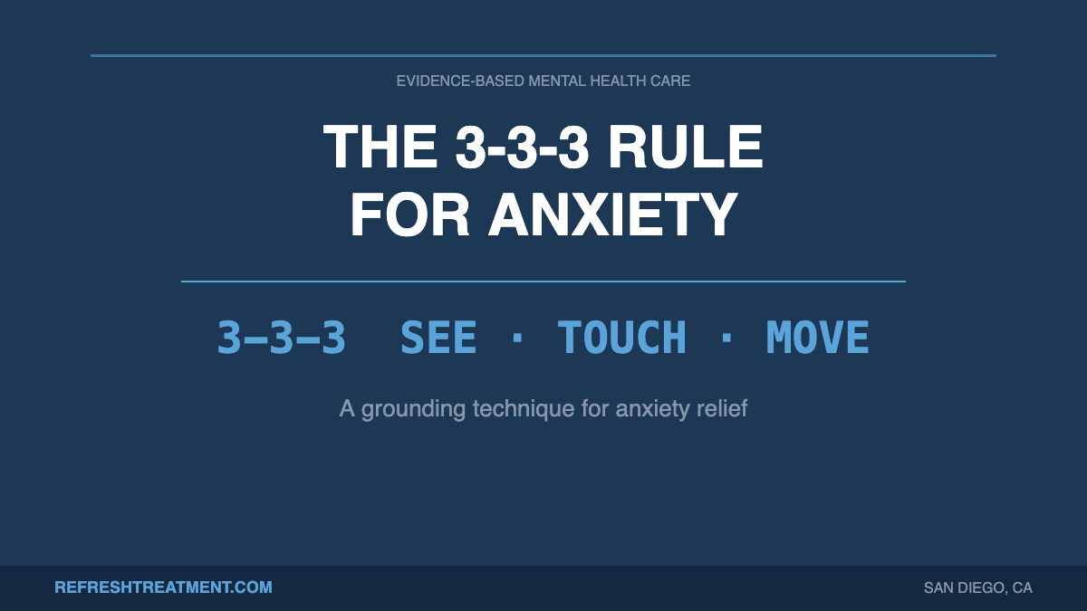 Infographic explaining the 3-3-3 rule for anxiety: see 3 things, touch 3 things, move 3 body parts
