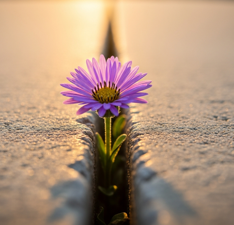 Resilient flower growing through cracked concrete in sunlight