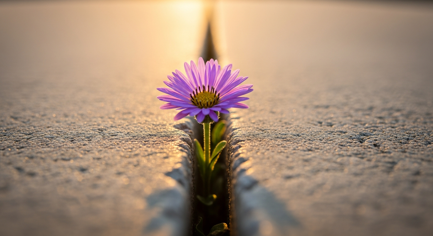 Resilient flower growing through cracked concrete in sunlight