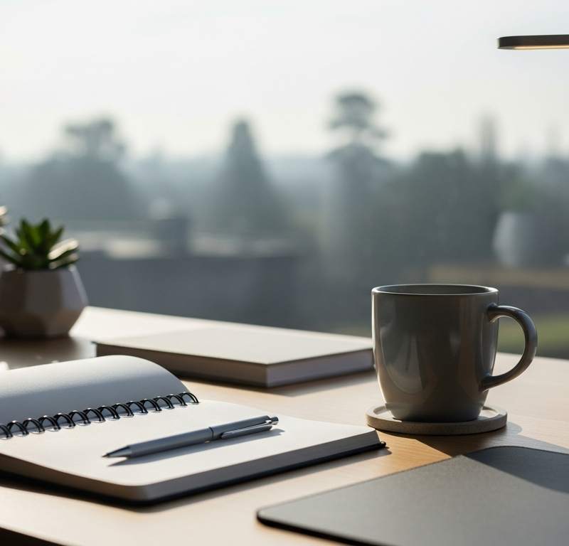 Tidy planning desk with notebook and coffee in morning light