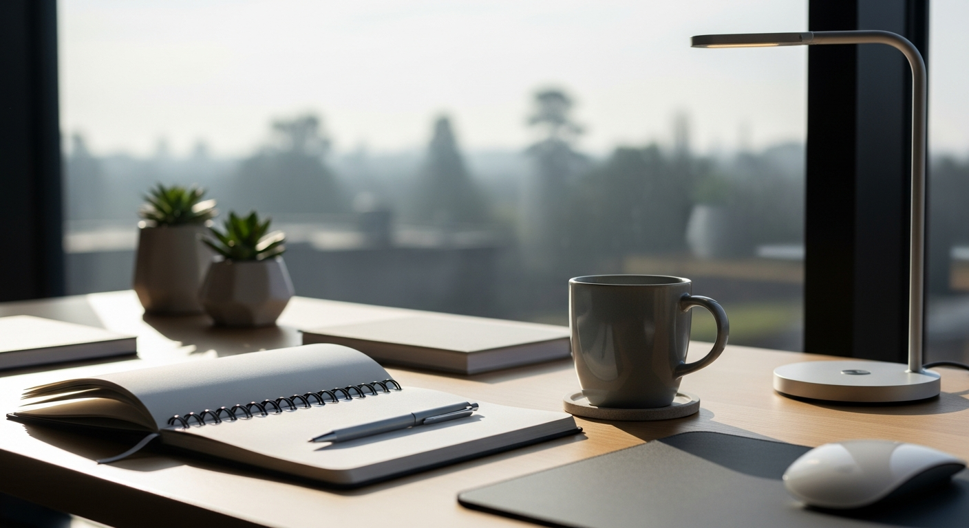 Tidy planning desk with notebook and coffee in morning light