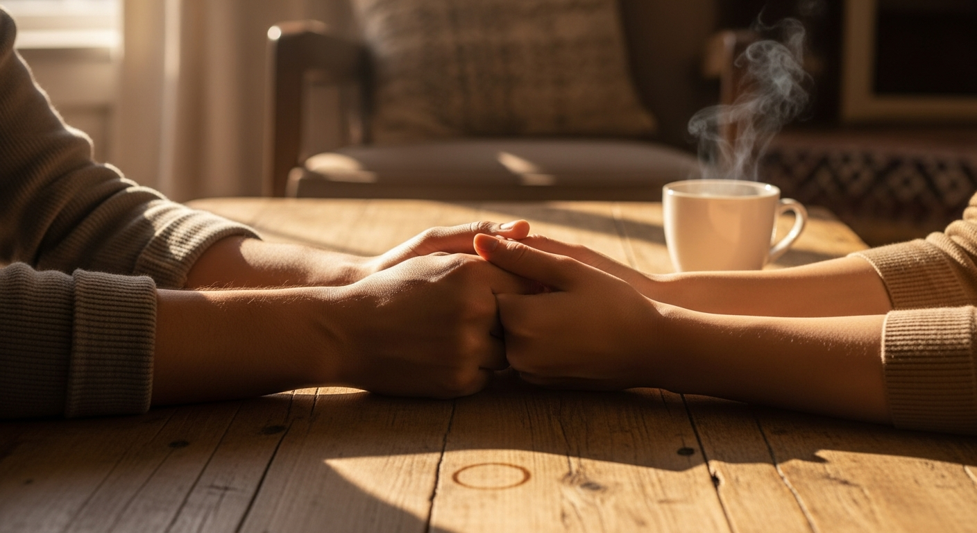 Two people holding hands supportively across a coffee table