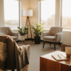 Bright modern outpatient mental health therapy room with circle of chairs and morning light