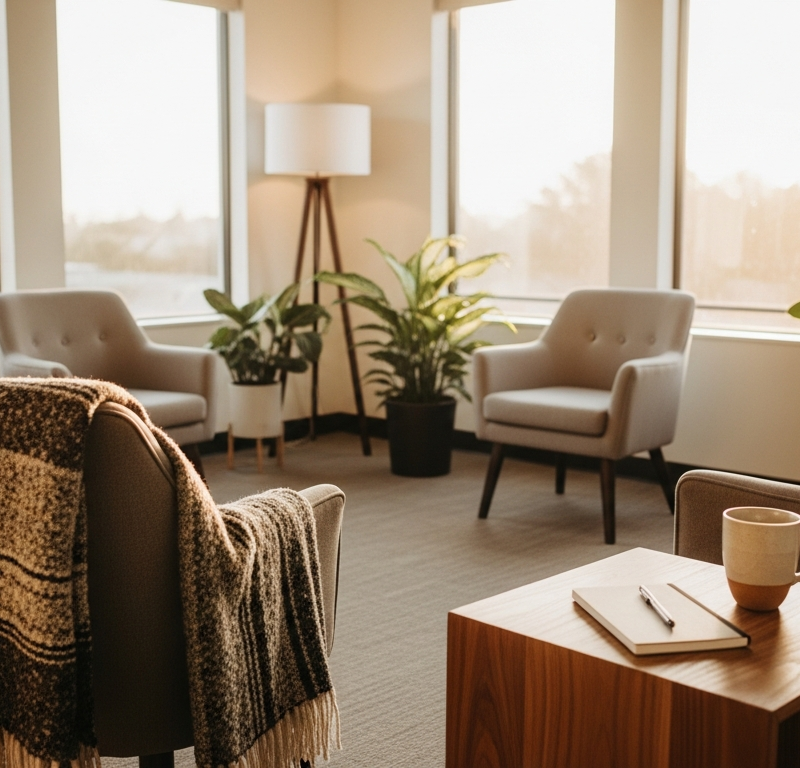 Bright modern outpatient mental health therapy room with circle of chairs and morning light