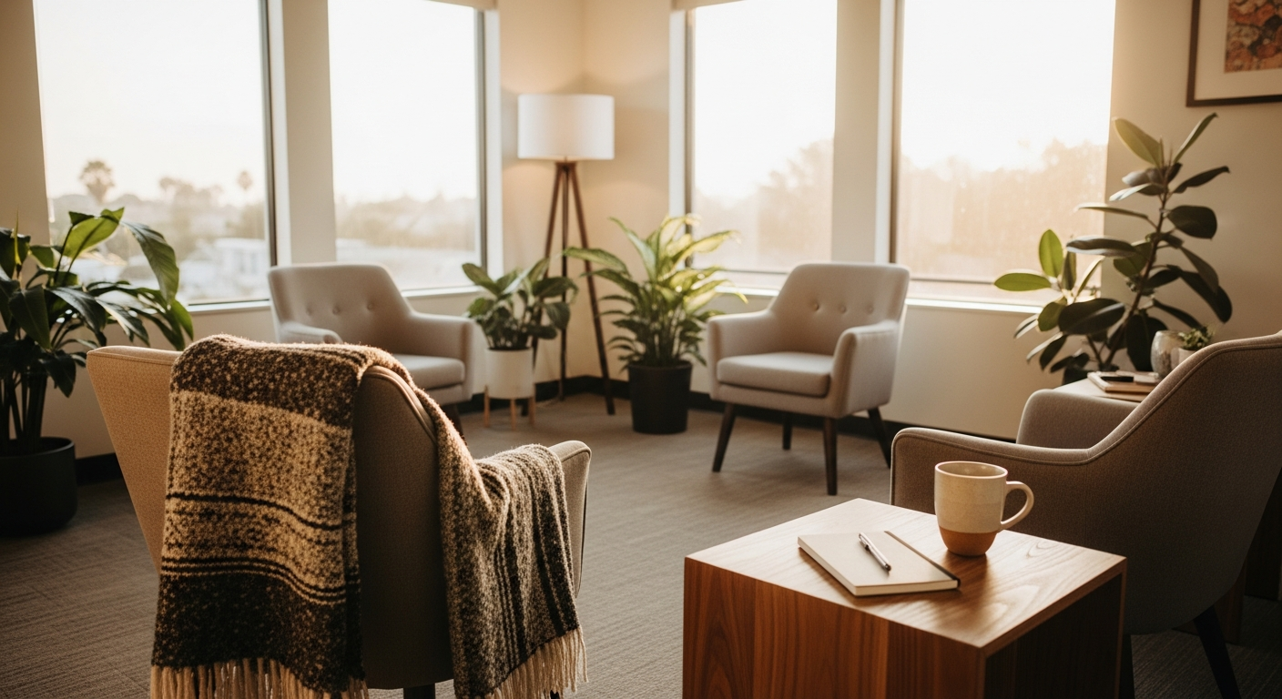 Bright modern outpatient mental health therapy room with circle of chairs and morning light