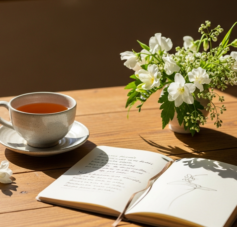 Calm wellness still life with teacup notebook and flowers