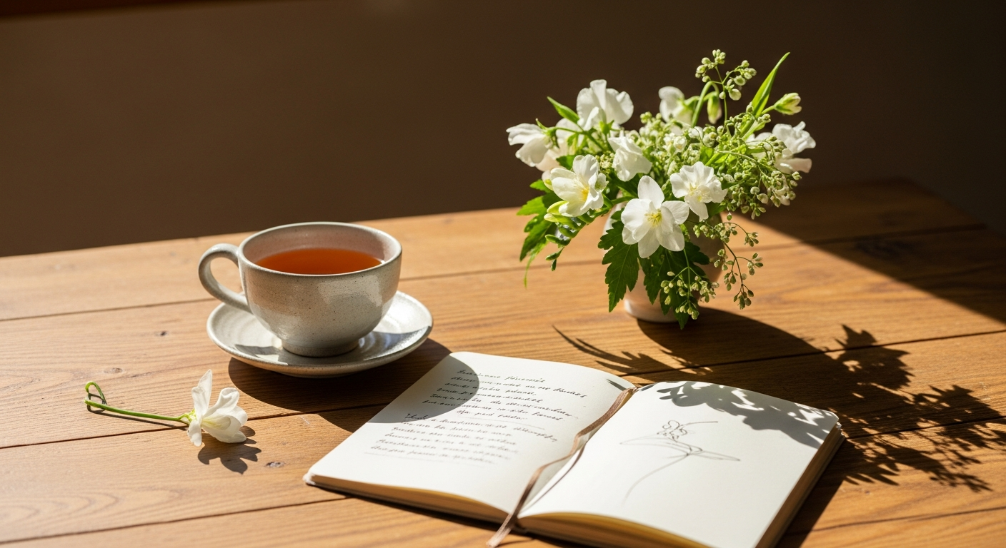 Calm wellness still life with teacup notebook and flowers