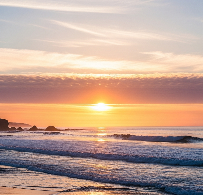California coastal sunrise breaking through clouds with hopeful tones
