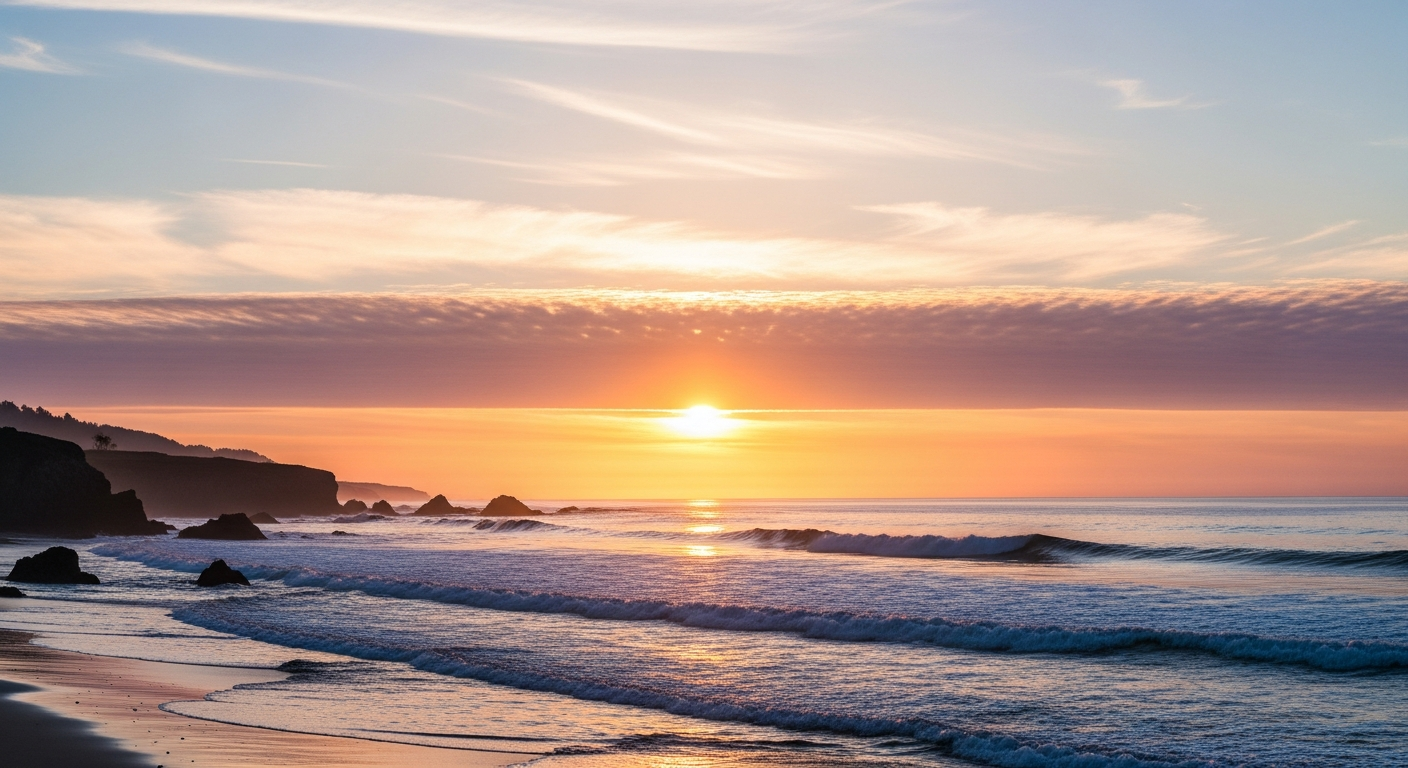California coastal sunrise breaking through clouds with hopeful tones