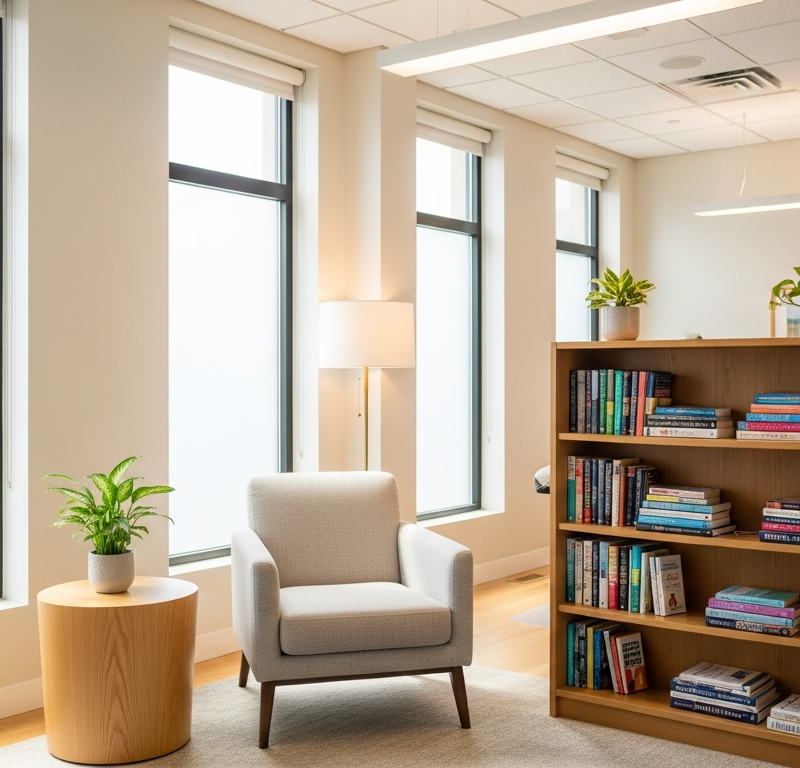 Calm modern outpatient therapy office with natural light and bookshelf