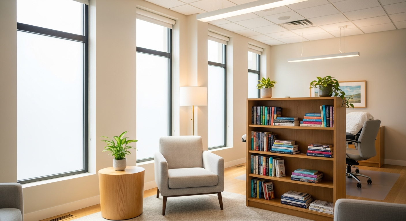 Calm modern outpatient therapy office with natural light and bookshelf