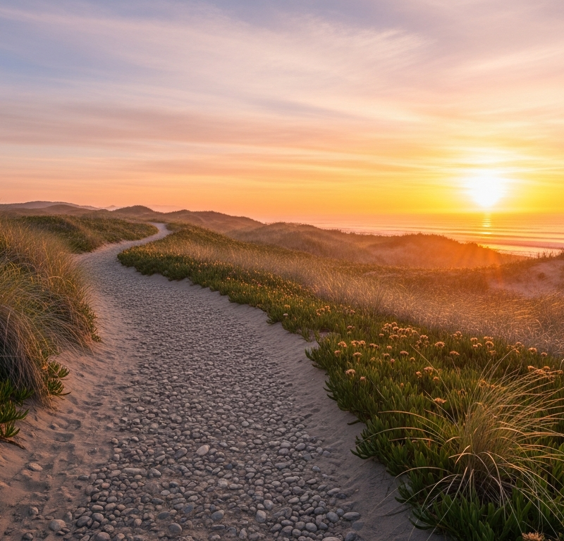 Winding coastal path leading toward sunrise horizon