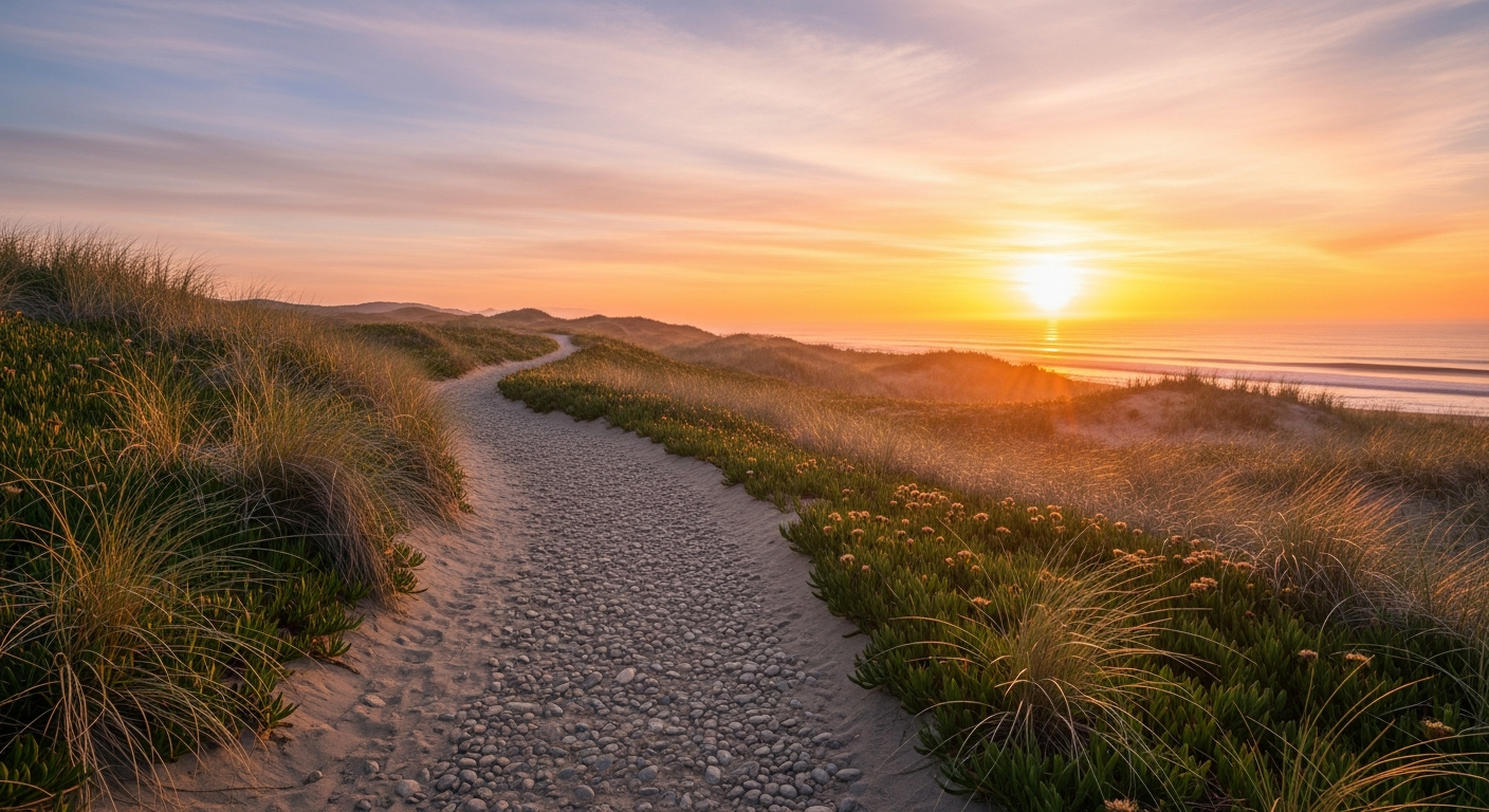 Winding coastal path leading toward sunrise horizon