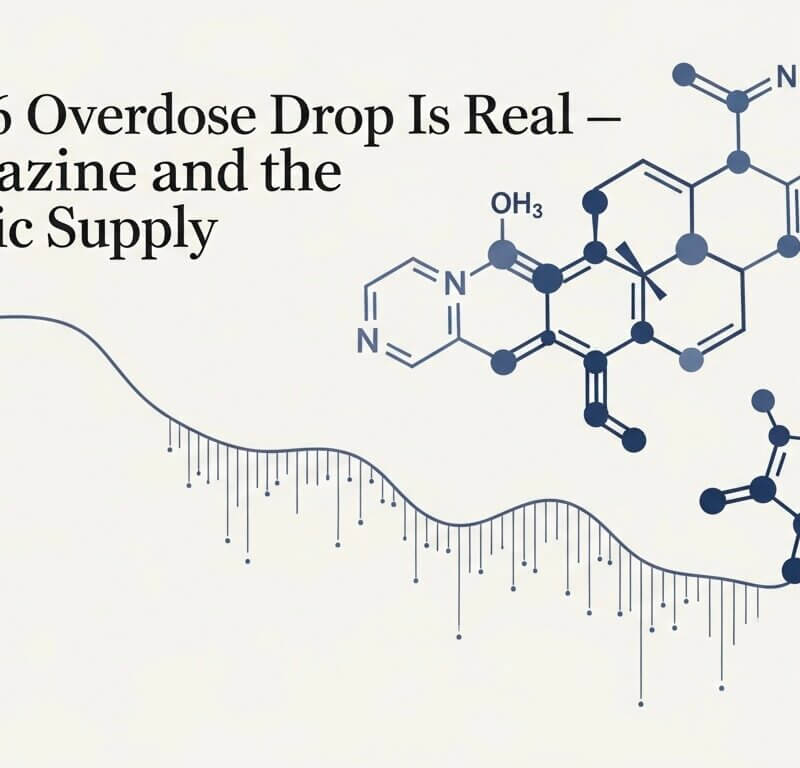 Editorial thumbnail for Refresh Recovery blog post on the 2026 overdose drop and emerging xylazine and synthetic opioid supply, deep navy palette