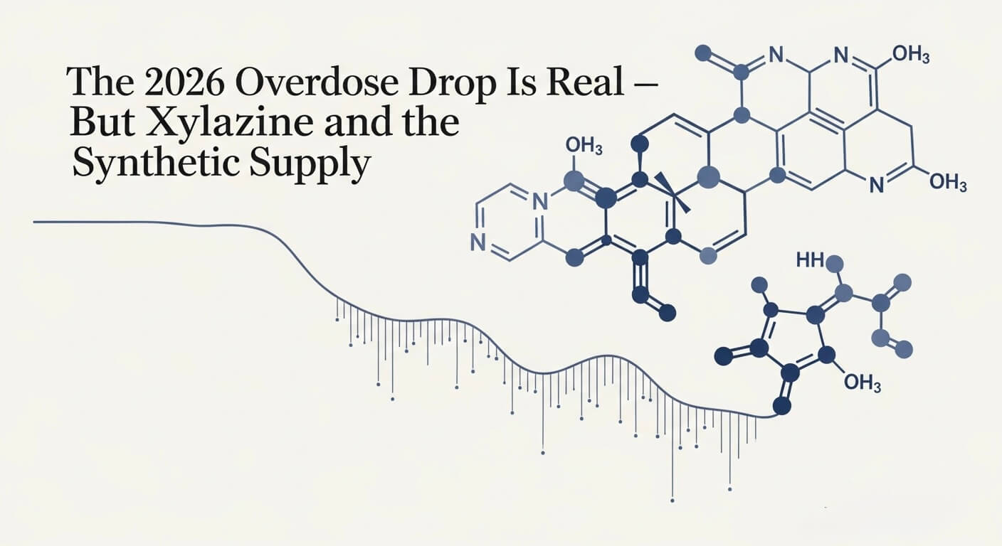 Editorial thumbnail for Refresh Recovery blog post on the 2026 overdose drop and emerging xylazine and synthetic opioid supply, deep navy palette