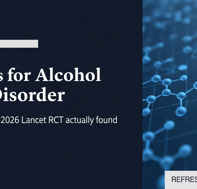 Editorial thumbnail for Refresh Recovery blog post on GLP-1 medications and alcohol use disorder, deep navy palette with abstract molecular pattern