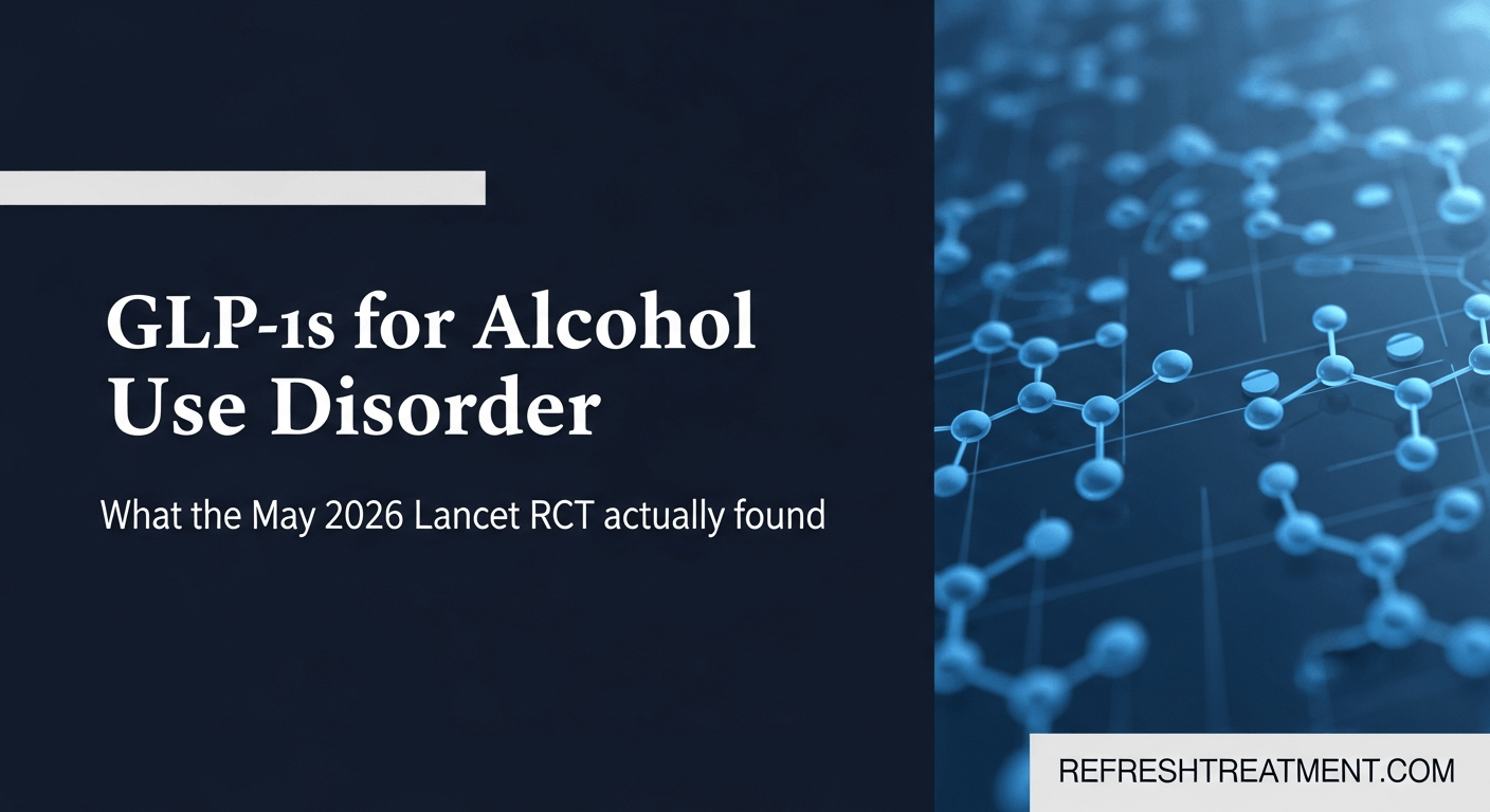 Editorial thumbnail for Refresh Recovery blog post on GLP-1 medications and alcohol use disorder, deep navy palette with abstract molecular pattern