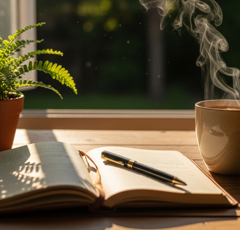 Morning ritual scene with tea, journal, and plant in soft window light