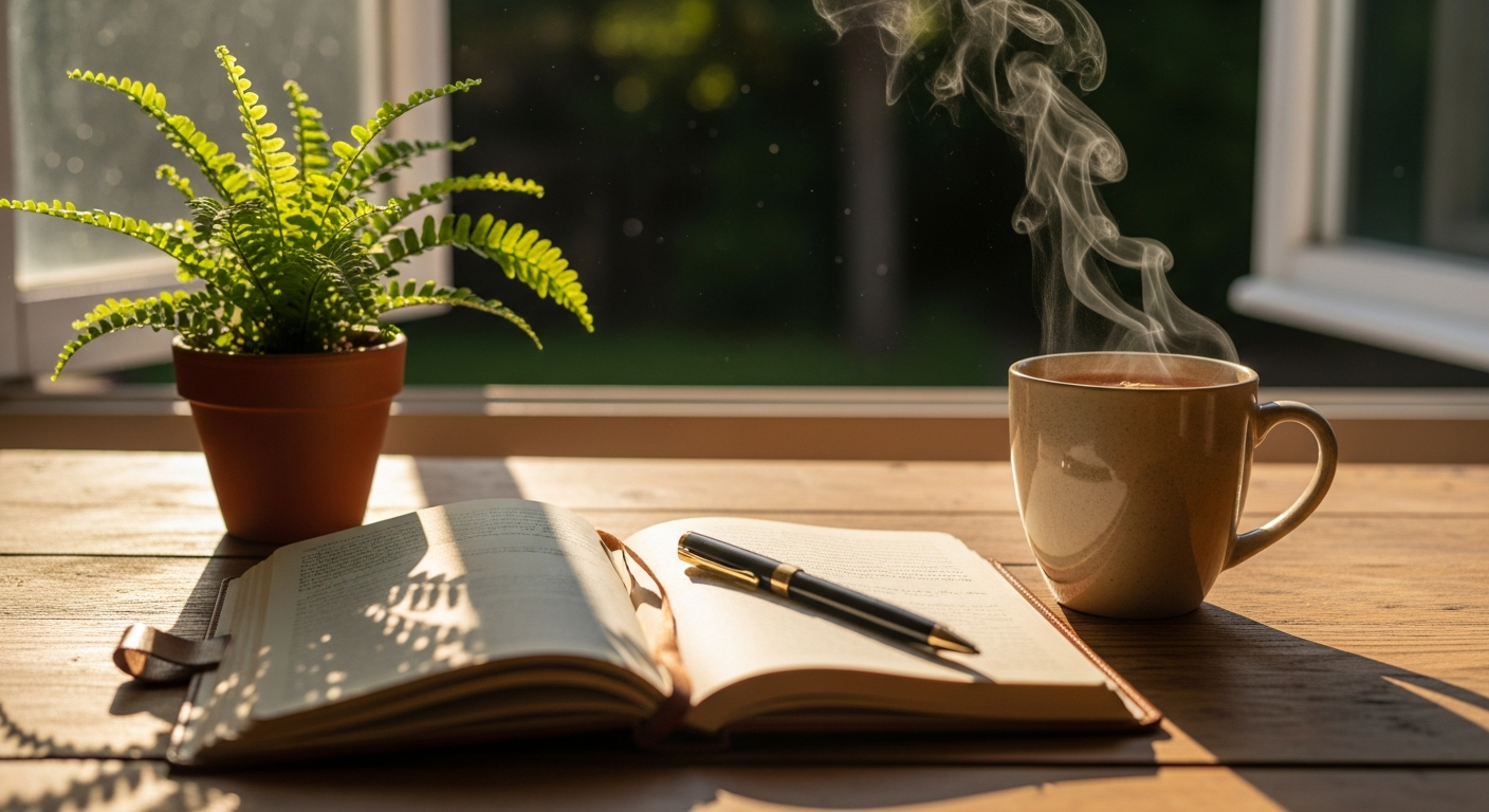 Morning ritual scene with tea, journal, and plant in soft window light