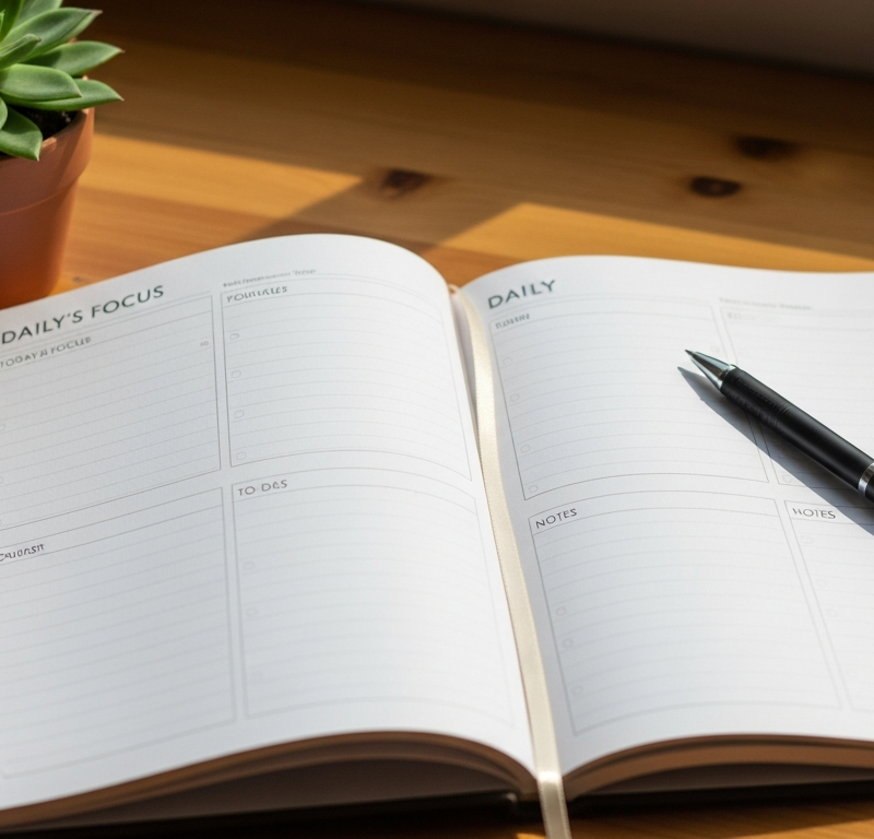 Open planner and succulent on wooden desk in soft morning light