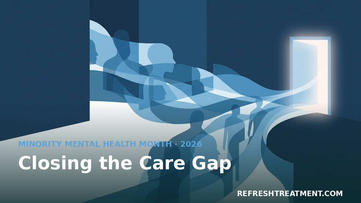 Diverse figures moving toward an open door, illustrating minority mental health treatment barriers easing in San Diego