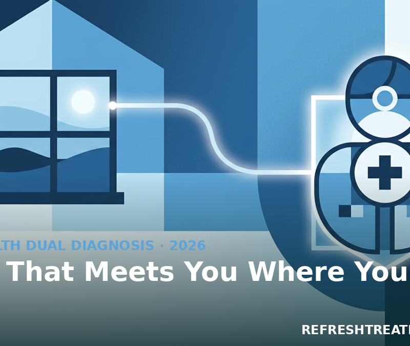 Abstract home and clinic joined by a light line, illustrating telehealth dual diagnosis treatment in San Diego