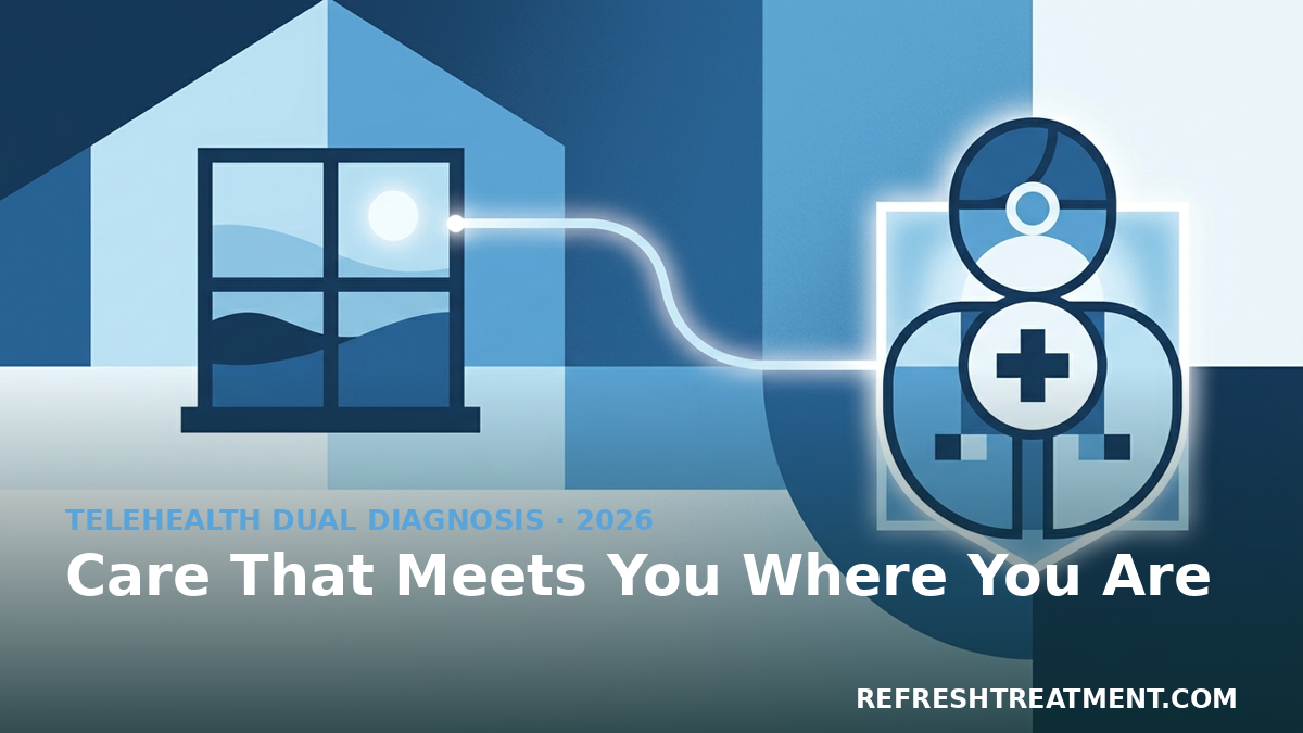 Abstract home and clinic joined by a light line, illustrating telehealth dual diagnosis treatment in San Diego