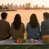 Friends gathered at a Mission Bay picnic at golden hour showing community in continuing care after treatment