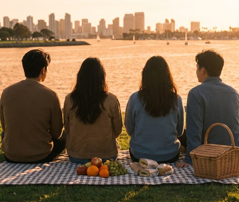 Friends gathered at a Mission Bay picnic at golden hour showing community in continuing care after treatment