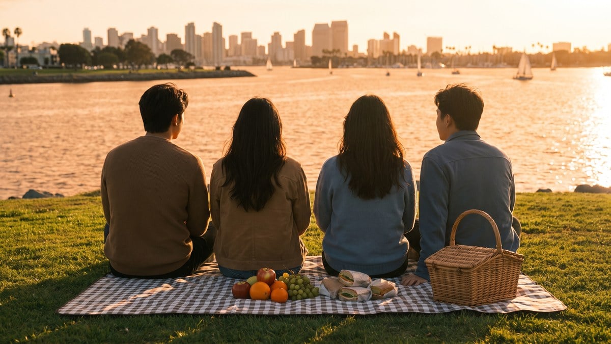 Friends gathered at a Mission Bay picnic at golden hour showing community in continuing care after treatment