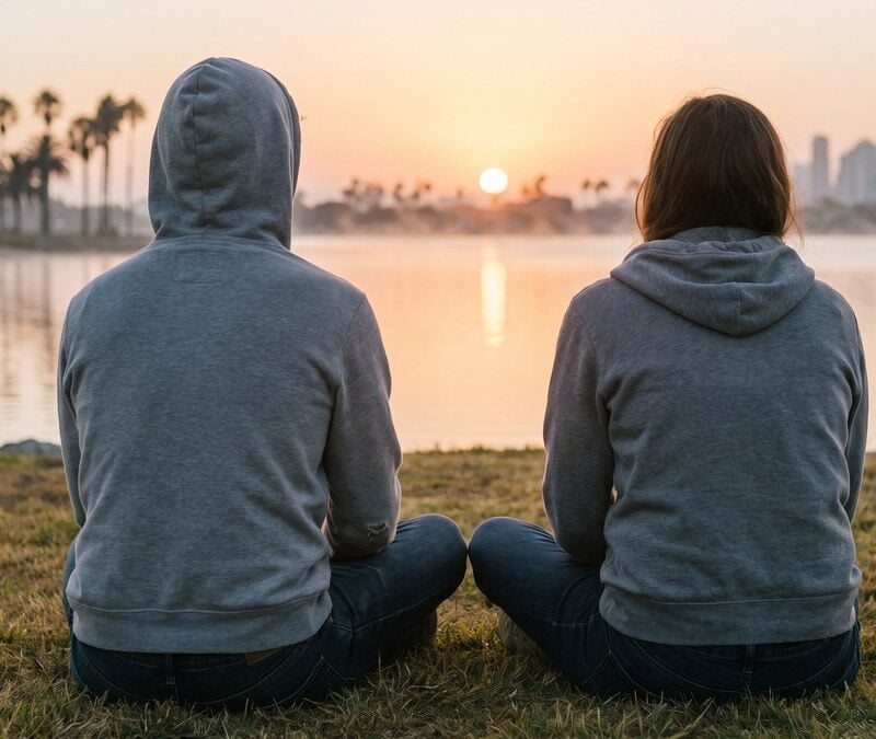 Young adult watching sunrise over Mission Bay representing hope in depression and substance use recovery