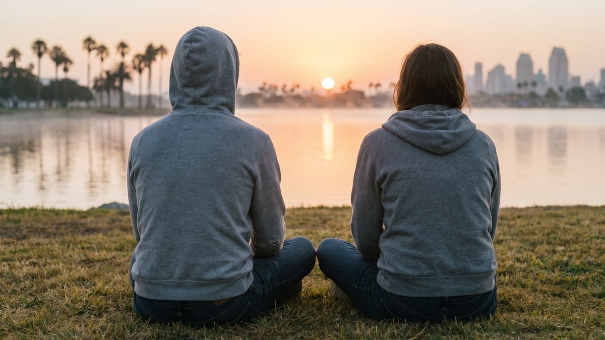 Young adult watching sunrise over Mission Bay representing hope in depression and substance use recovery