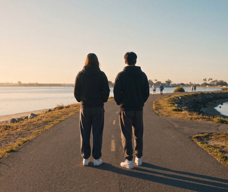 Two young adults choosing between two Mission Bay paths at morning symbolizing PHP vs IOP levels of care