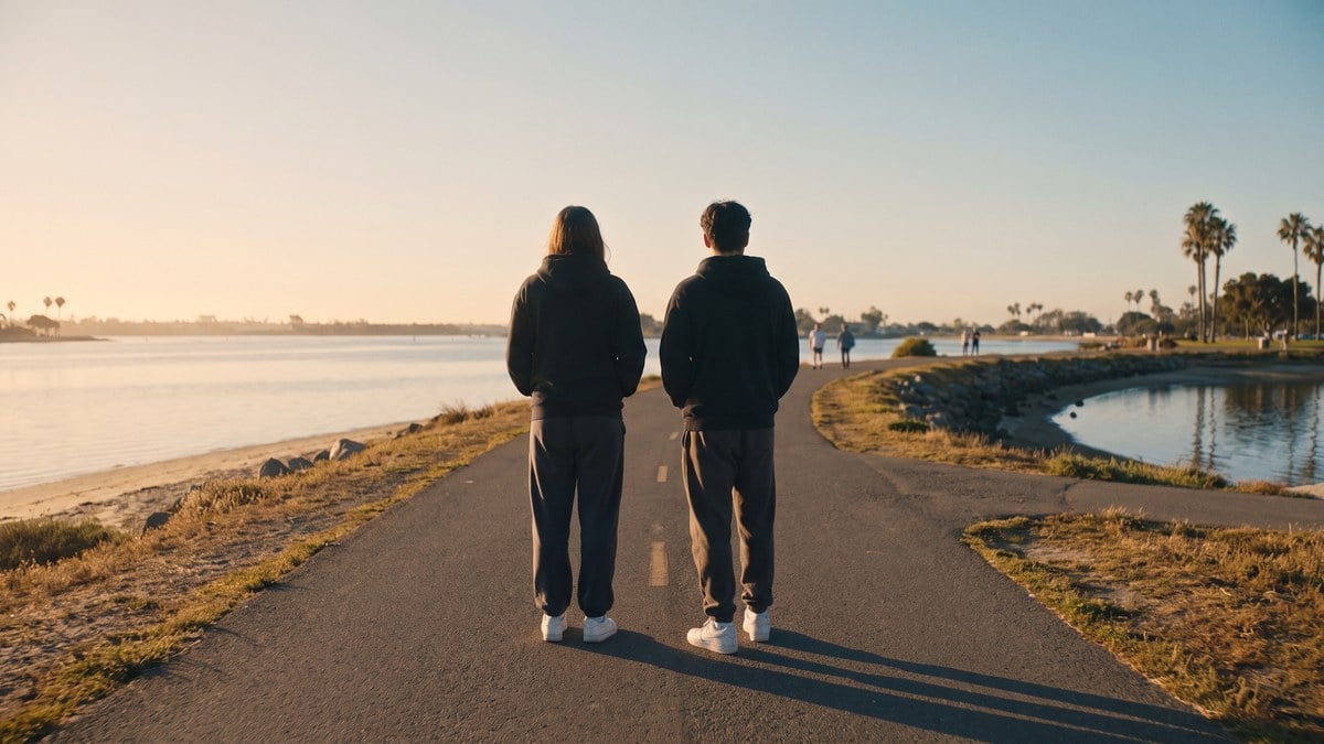 Two young adults choosing between two Mission Bay paths at morning symbolizing PHP vs IOP levels of care