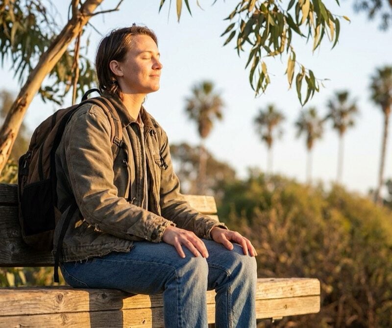 Young adult easing anxiety with a grounding technique, breathing calmly on a park bench in morning light