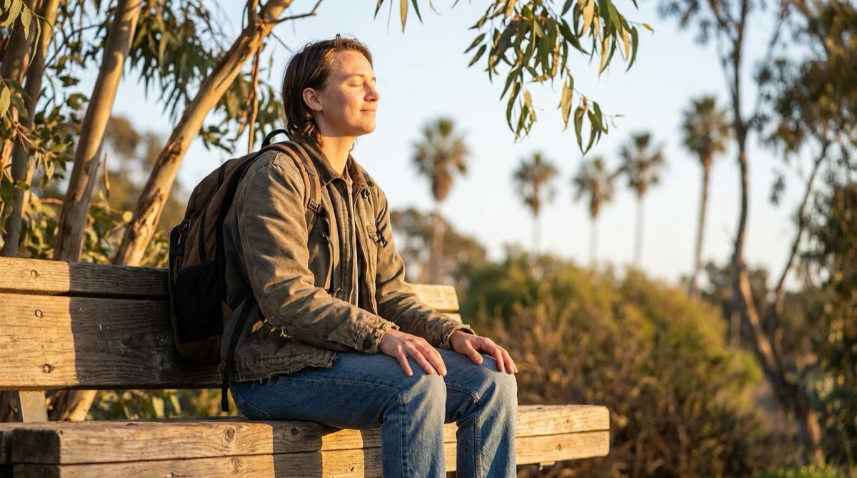 Young adult easing anxiety with a grounding technique, breathing calmly on a park bench in morning light