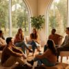 Group therapy circle at a San Diego IOP, young adults talking in a bright room with natural light