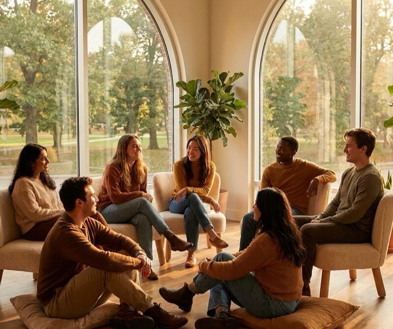 Group therapy circle at a San Diego IOP, young adults talking in a bright room with natural light