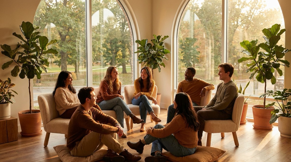 Group therapy circle at a San Diego IOP, young adults talking in a bright room with natural light