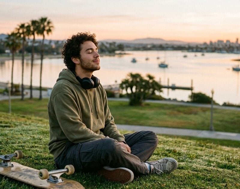 Young man taking a slow breath on the grass at Mission Bay in San Diego at sunrise, managing anxiety