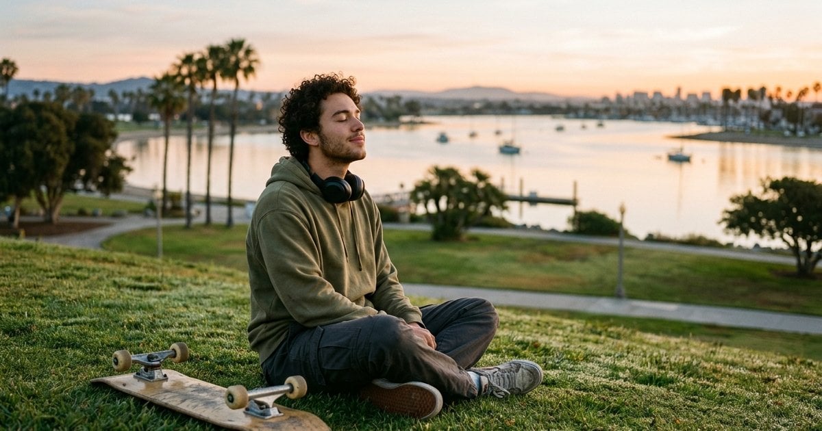 Young man taking a slow breath on the grass at Mission Bay in San Diego at sunrise, managing anxiety