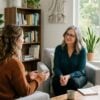 Young woman talking with a counselor in a bright outpatient therapy room in San Diego