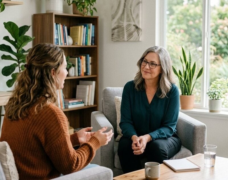 Young woman talking with a counselor in a bright outpatient therapy room in San Diego