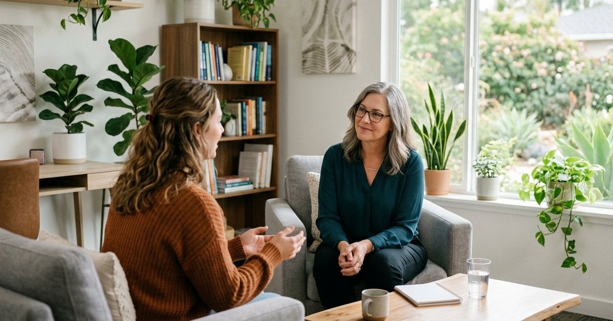 Young woman talking with a counselor in a bright outpatient therapy room in San Diego