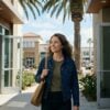 Young woman in a denim jacket stepping out of a San Diego clinic into the sunlight